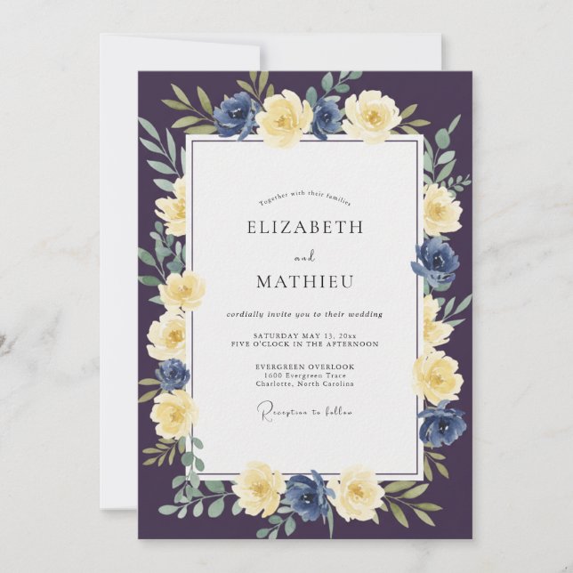 Invitación Boda Rosa Amarilla Ciruela (Anverso)
