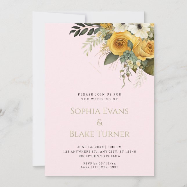 Invitación Boda rosa amarillo blanco y verde floral (Anverso)