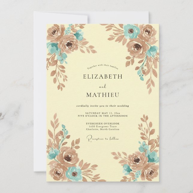 Invitación Boda Rosa Aqua Marrón (Anverso)