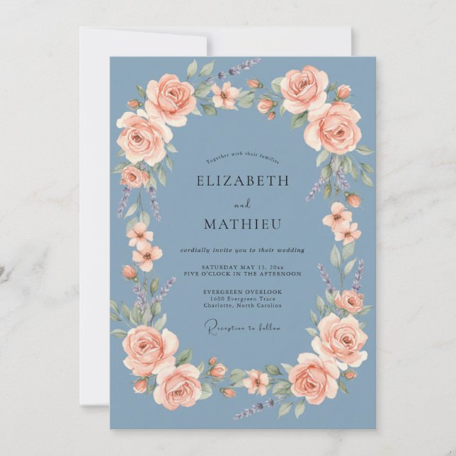 Invitación Boda Rosa Azul Acero (Anverso)