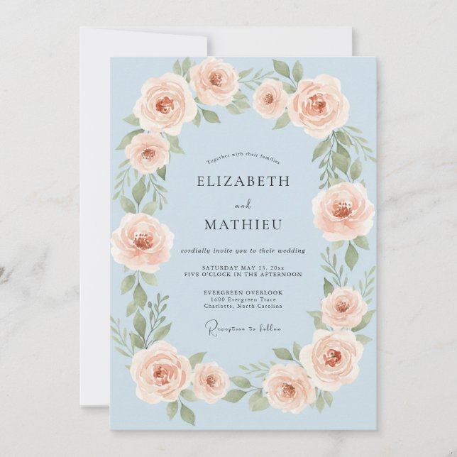 Invitación Boda Rosa Azul Bebé Refinada (Anverso)