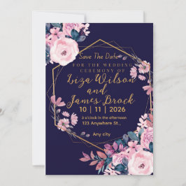 Invitación Boda Rosa Azul Burgundy Navy Oro
