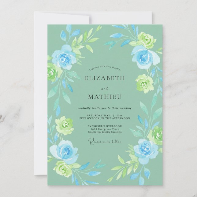 Invitación Boda Rosa Azul Cielo Espuma de Mar (Anverso)