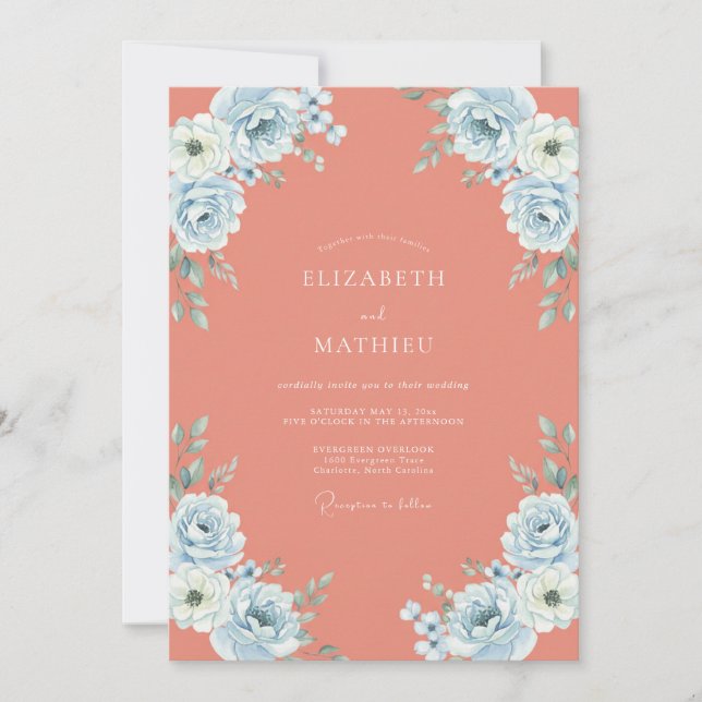 Invitación Boda Rosa Azul Coral (Anverso)