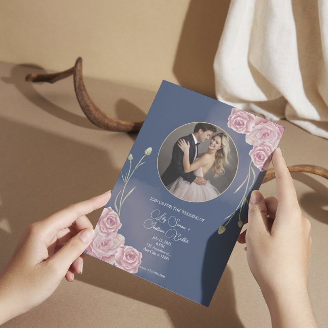 Invitación Boda rosa azul de la marina romántica y Rubor (Subido por el creador)