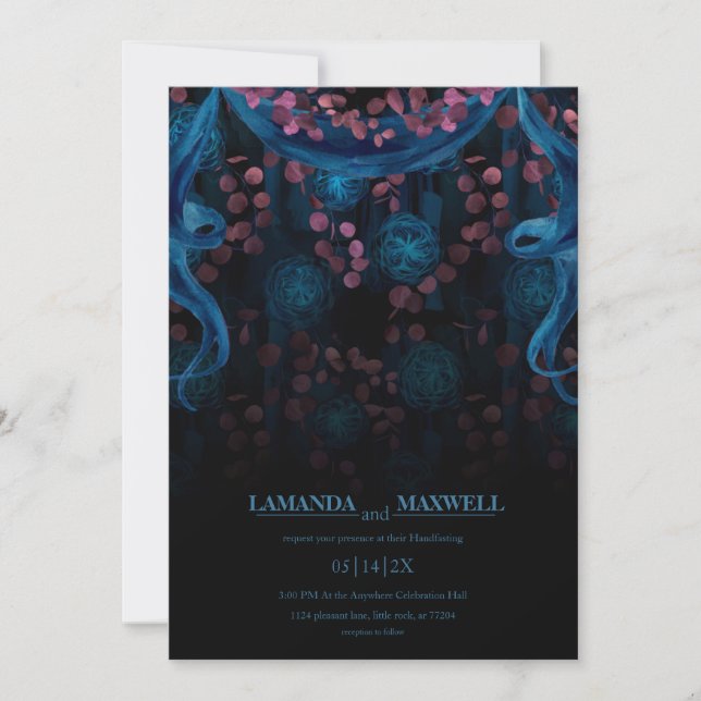 Invitación Boda rosa azul gótico floral Ayuno (Anverso)