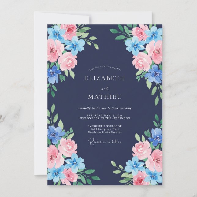 Invitación Boda Rosa Azul Medianoche (Anverso)