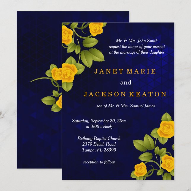 Invitación Boda rosa azul oscuro y amarillo marino (Anverso / Reverso)