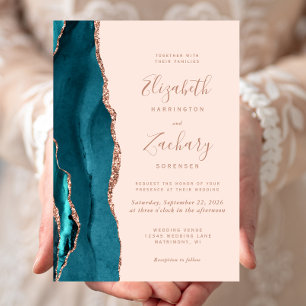 Invitación Boda Rosa Azul Teal Dorado Agata Rosa Claro
