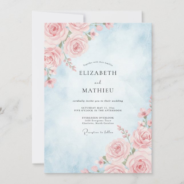 Invitación Boda Rosa Beige Azul Polvo (Anverso)