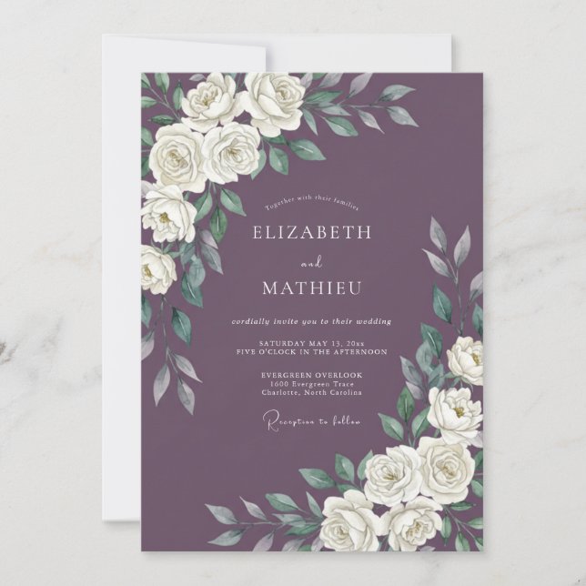 Invitación Boda Rosa Blanca Ciruela (Anverso)