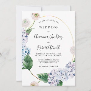 Invitación Boda Rosa Blanca de Hidrangea Azul Dusty