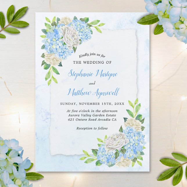 Invitación Boda Rosa Blanca de Hidrangea Azul Dusty (Subido por el creador)
