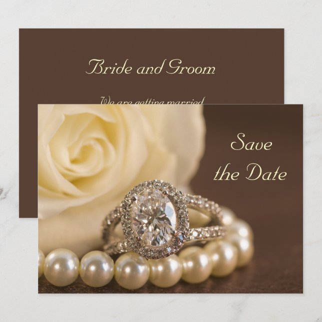 Invitación Boda rosa blanca del anillo del diamante Oval Save (Anverso / Reverso)