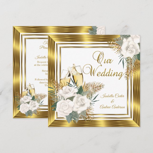 Invitación Boda Rosa Blanca Dorada Champán Dorado  (Anverso / Reverso)
