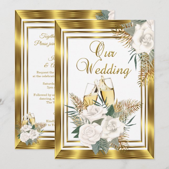 Invitación Boda Rosa Blanca Dorada Champán Oro 2 (Anverso / Reverso)