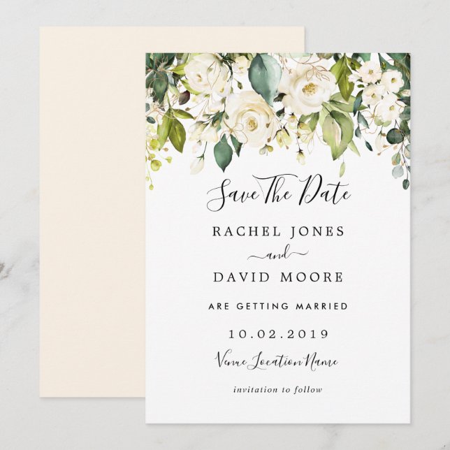 Invitación Boda Rosa Blanca Dorada Salva La Fecha (Anverso / Reverso)