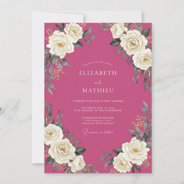 Invitación Boda Rosa Blanca Fucsia (Anverso)