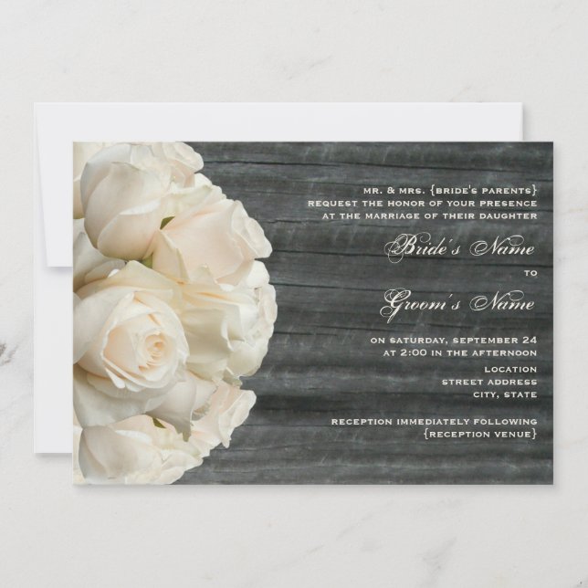 Invitación Boda Rosa Blanca y Barnwood (Anverso)