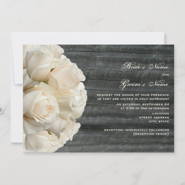 Invitación Boda Rosa Blanca y Barnwood (Anverso)