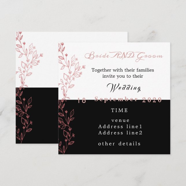 Invitación boda rosa blanco negro elegante (Anverso / Reverso)