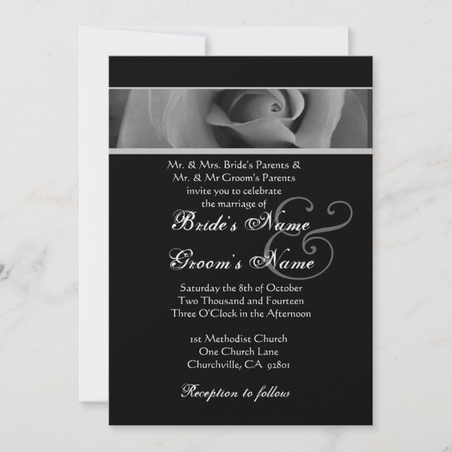 Invitación Boda Rosa blanco y negro plateado (Anverso)