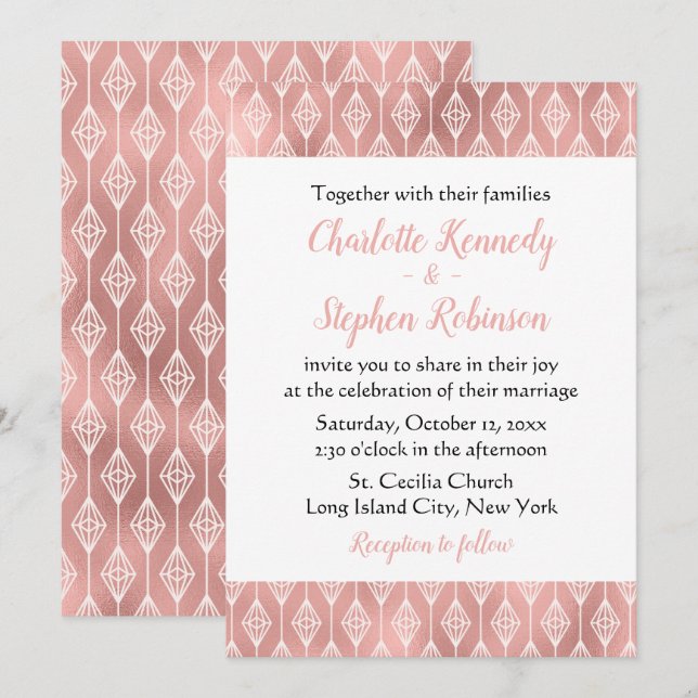Invitación Boda Rosa Boho Rosa diamantes tribales de oro (Anverso / Reverso)