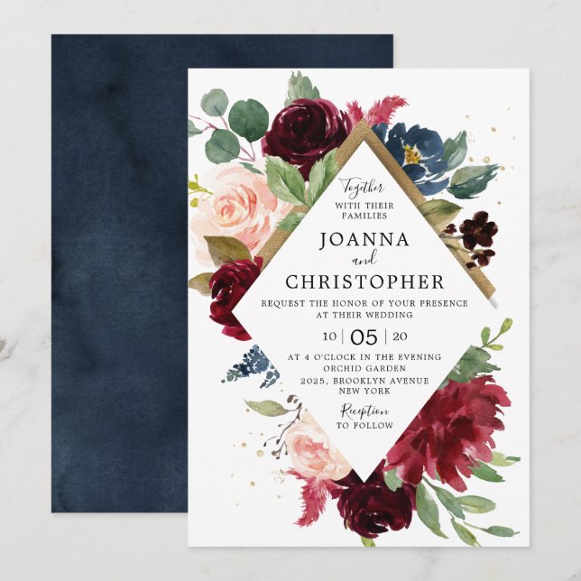 Invitación Boda Rosa Boho Rosa Rosa Rosa de la Marina Azul Bo (Anverso / Reverso)
