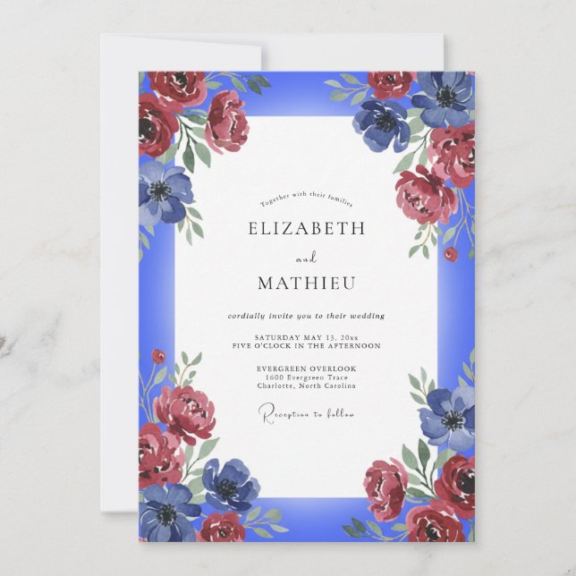 Invitación Boda Rosa Borgoña Cobalto (Anverso)