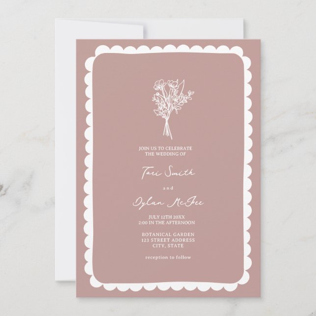 Invitación Boda rosa Bouquet Scalloped (Anverso)