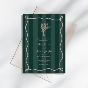Invitación Boda rosa Bouquet Swirl Green Stripe