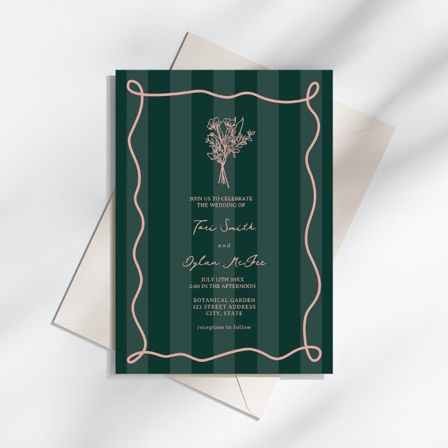 Invitación Boda rosa Bouquet Swirl Green Stripe (Subido por el creador)