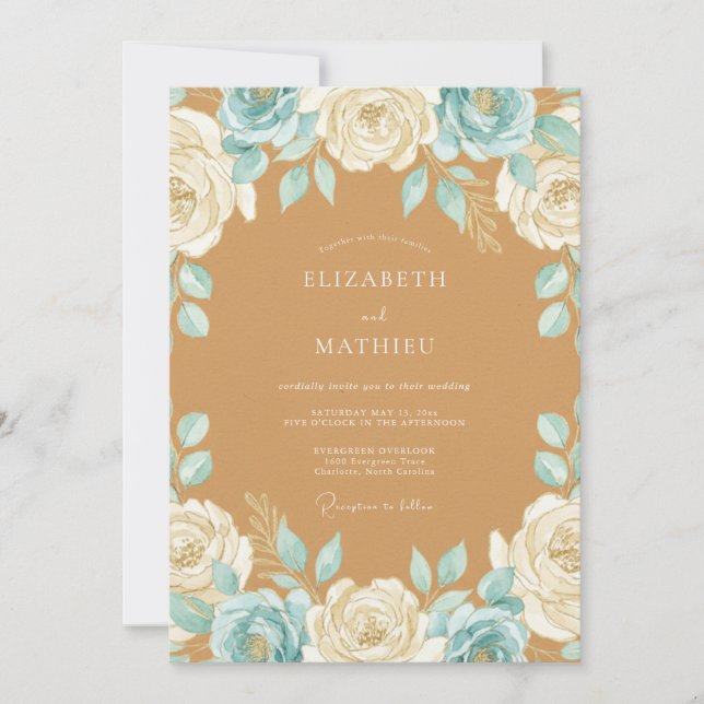 Invitación Boda Rosa Cálida Tan Aqua (Anverso)