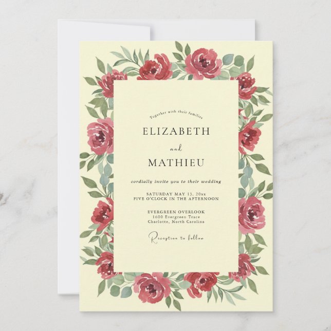Invitación Boda Rosa Carmesí Crema (Anverso)