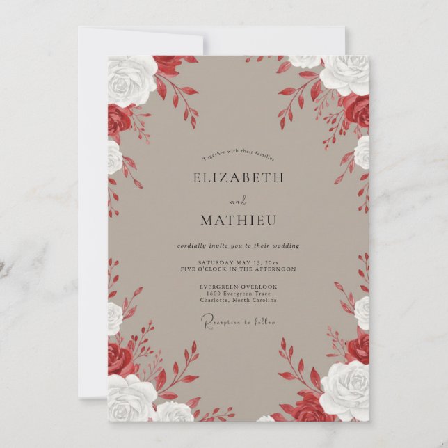 Invitación Boda Rosa Carmesí Taupe (Anverso)