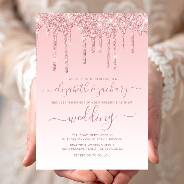 Invitación Boda Rosa Chic con Brillo que Gotea (Subido por el creador)