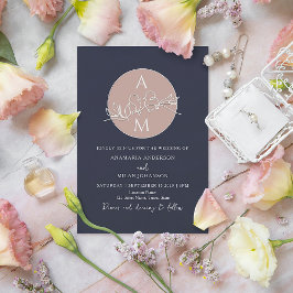 Invitación Boda Rosa Claro Azul Marino Monograma