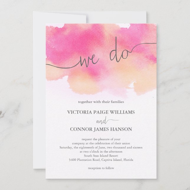 Invitación Boda rosa color de agua bonito (Anverso)