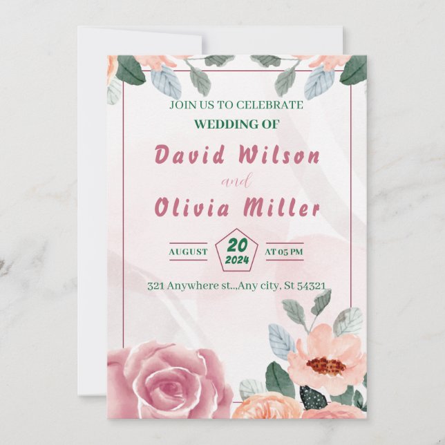 Invitación Boda rosa con flores acuarelas, hojas (Anverso)