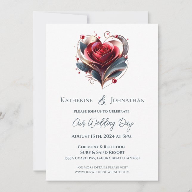 Invitación Boda Rosa con forma de corazón moderno (Anverso)