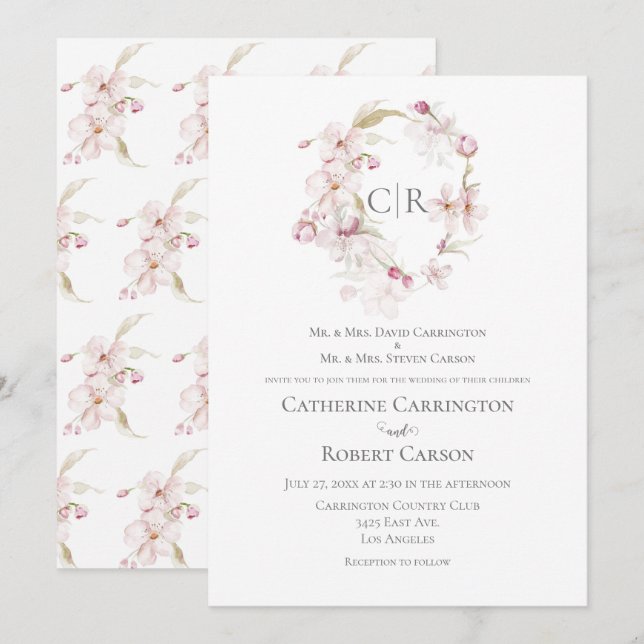 Invitación Boda rosa con guión floral (Anverso / Reverso)