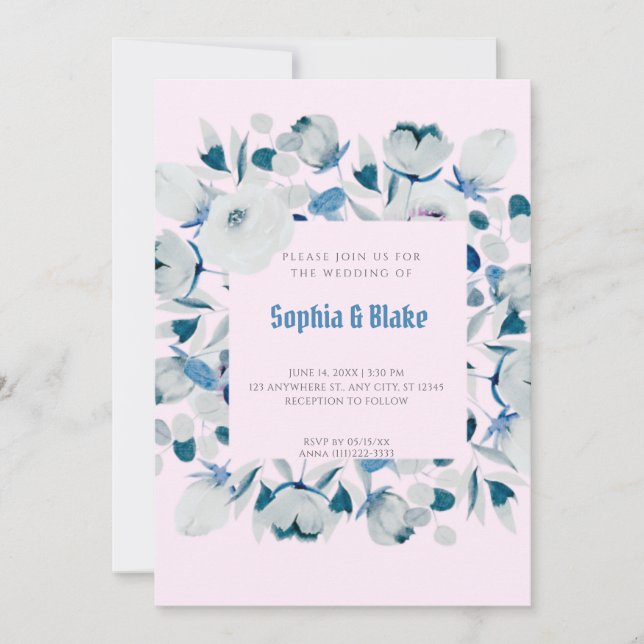 Invitación Boda rosa con marco floral azul y blanco moderno (Anverso)