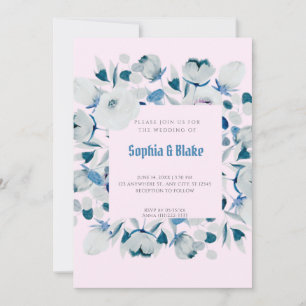 Invitación Boda rosa con marco floral azul y blanco moderno