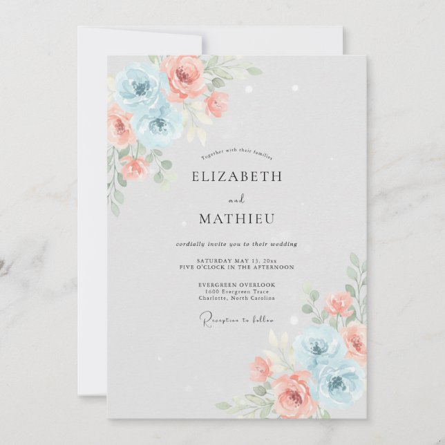 Invitación Boda Rosa Coral Azul Polvo (Anverso)