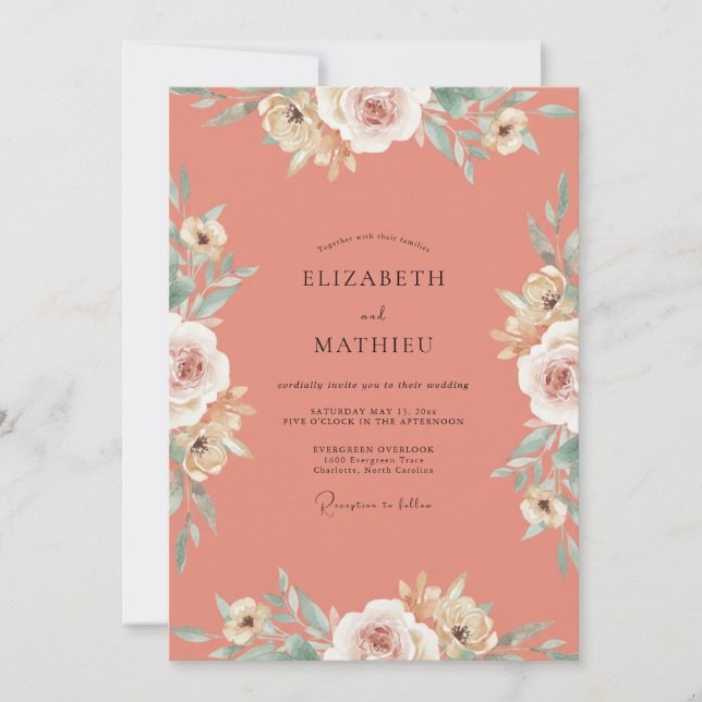 Invitación Boda Rosa Crema Coral (Anverso)