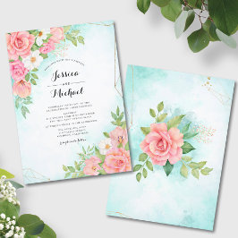 Invitación Boda Rosa de acuarela floral de color turquesa Omb