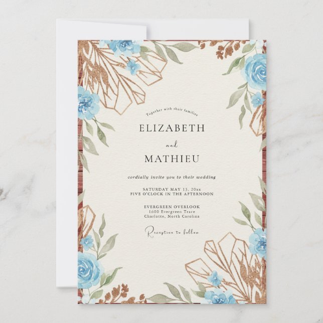 Invitación Boda Rosa de cobre azur (Anverso)