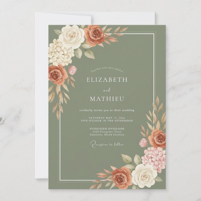 Invitación Boda Rosa de Cobre Musgo (Anverso)