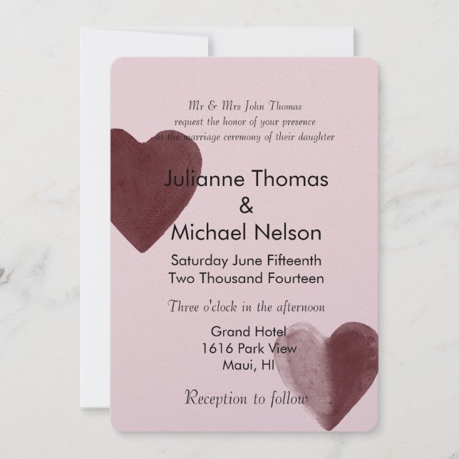 Invitación Boda rosa de color de agua rojo (Anverso)