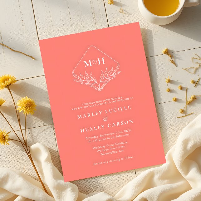 Invitación Boda rosa de coral de hoja de boho monograma (Subido por el creador)